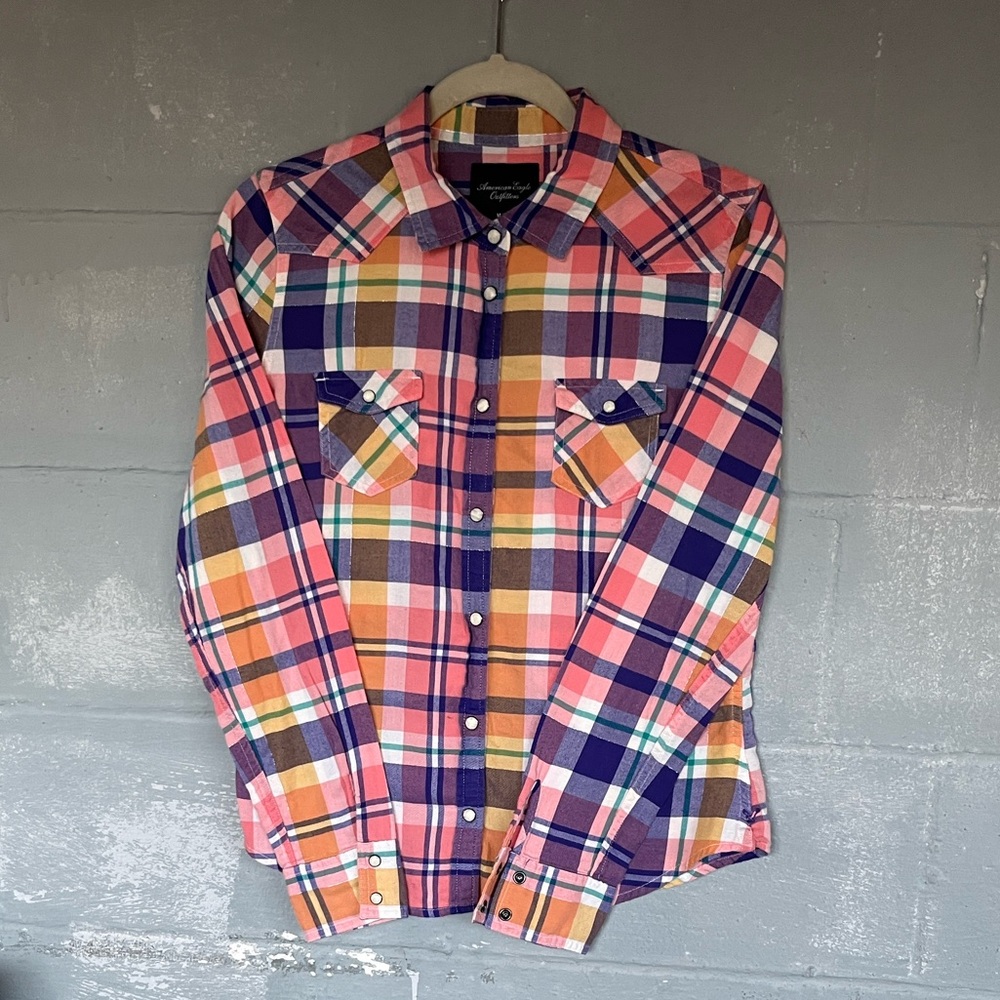AMERICAN EAGLE OUTFITTERS Purple Pastel Plaid Flannel Snap Button Up Western